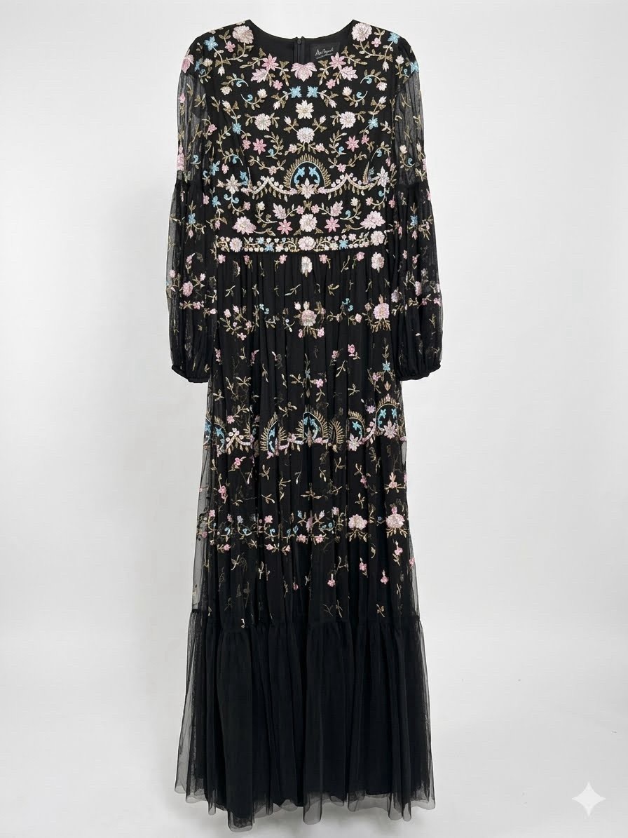 Mac Duggal 35111 Embroidered Floral Gown Black Long Bishop Sleeve Size 8 NWT