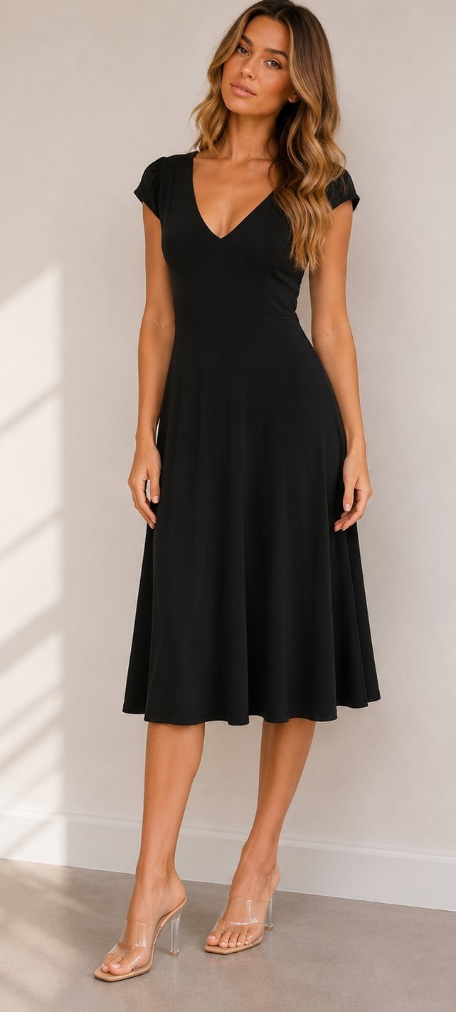 Black V-Neck Midi Dress