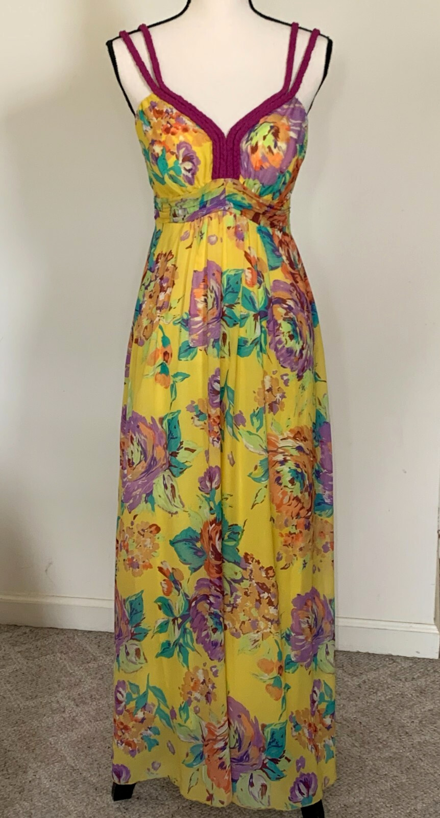 SOFT SURROUNDINGS Yellow Floral Maxi Strap Dress Sleeveless Smocked Lined XS