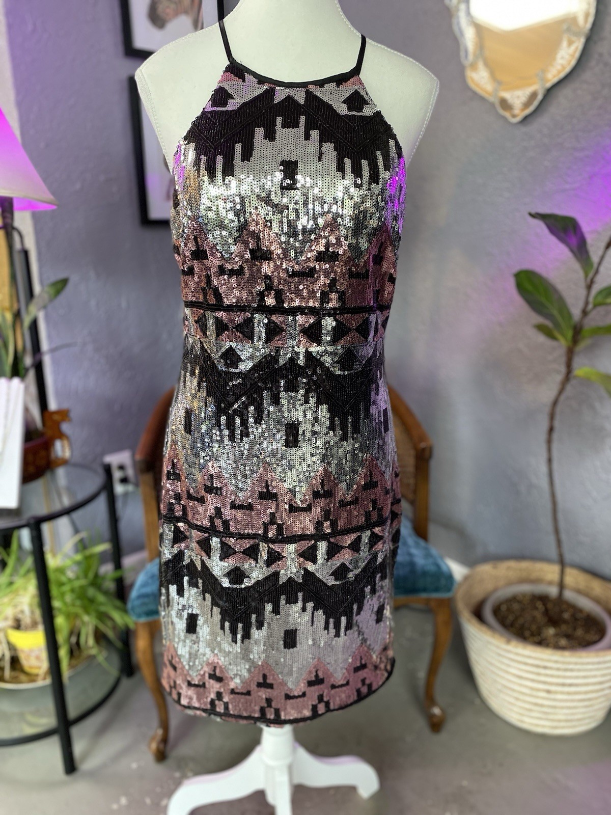 My Michelle Sequin Pink Black Silver Pencil Dress Halter Size 9