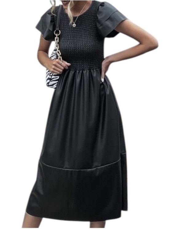 Zara Size Small Black Faux Leather Ruffle Sleeve Dress Punk Classic Rocker