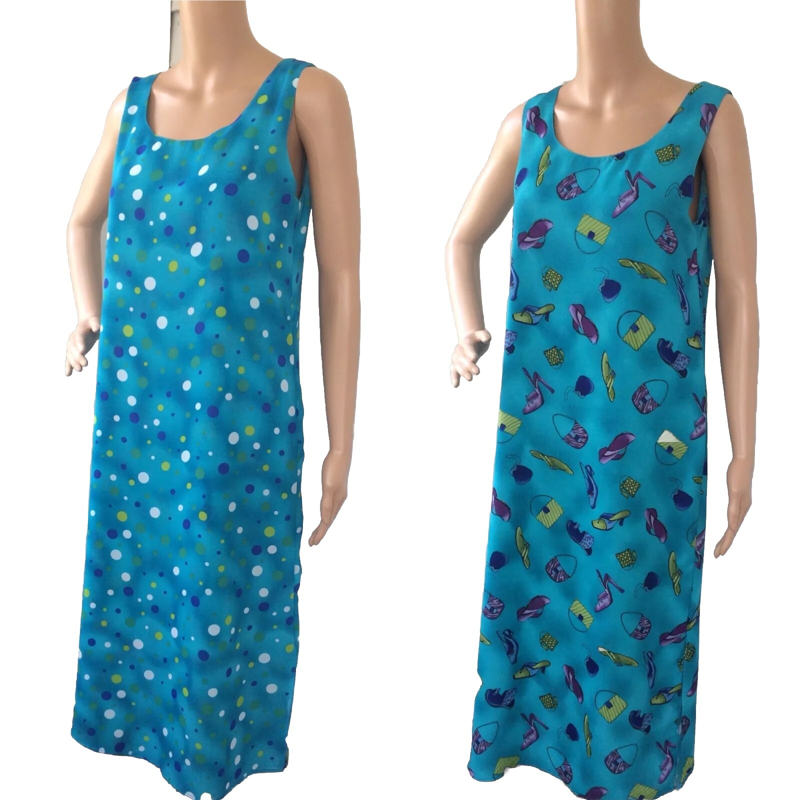 Reversible Novelty Print Dress Shoes Handbags to Polka Dots Sleeveless Blue S XS