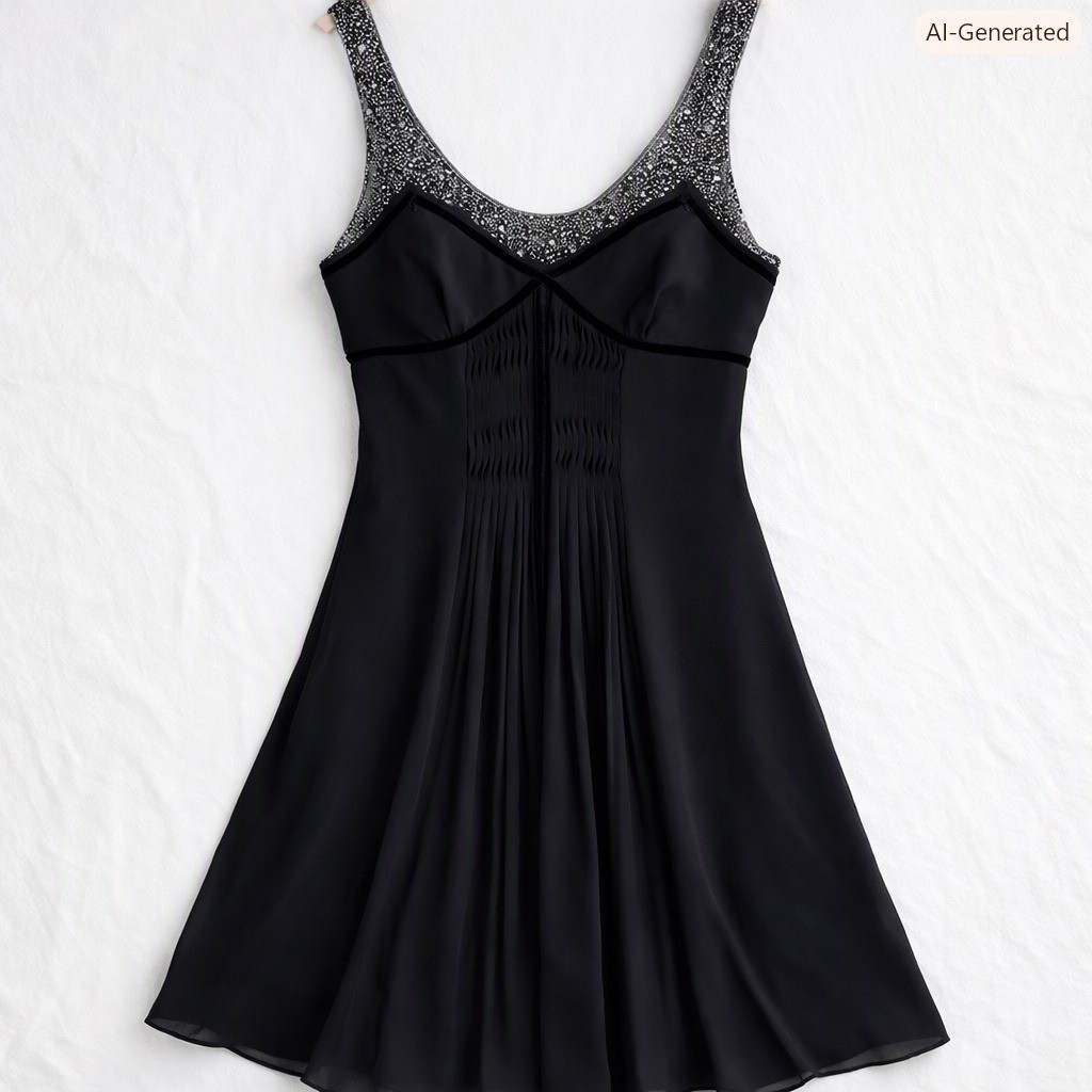 BCBGMAXAZRIA Black Beaded Silk Mesh Mini Dress Velvet Trim Smocked Size 8 LBD