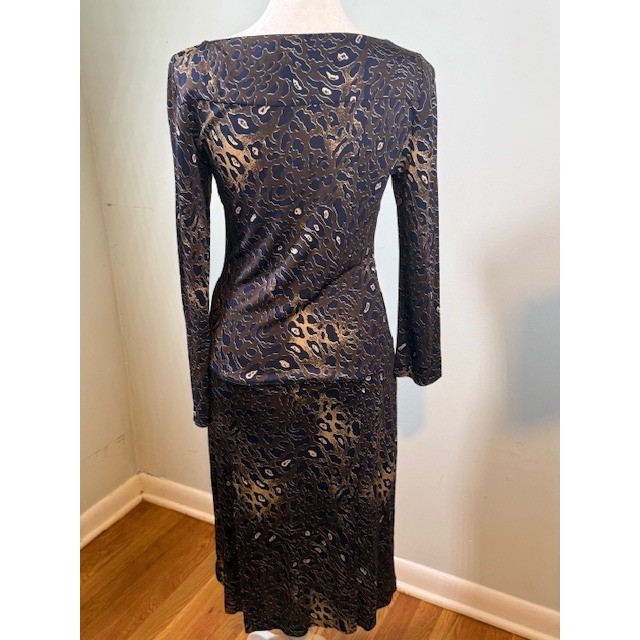 Tory Burch 100% Rayon Abstract Print Midi Dress XS Navy Gold No Belt