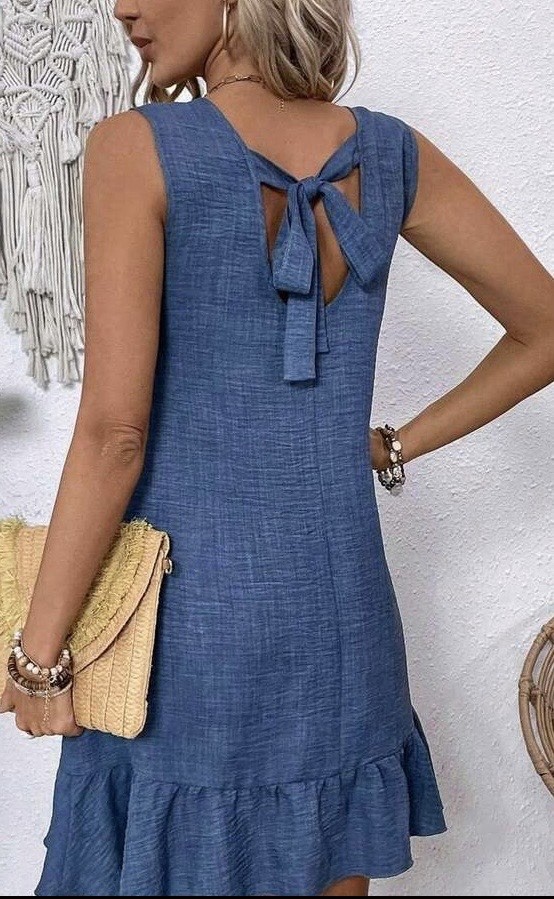 BLUE LINEN LIKE DRESS WITH TIE BACK FLOUNCE RUFFLE HEM SLEEVELESS -NEW-SIZE L
