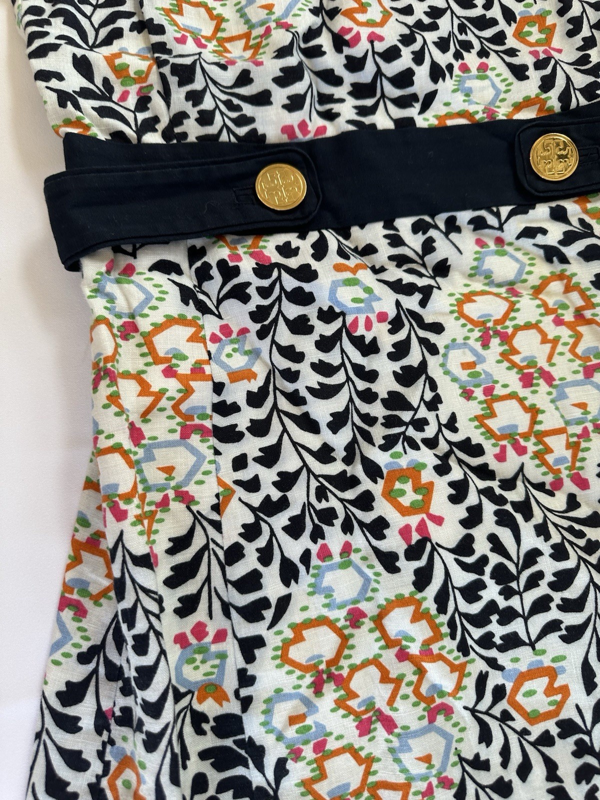 Tory Burch Melanie Printed Linen Shift Dress Navy Orange Floral Size 4 Excellent