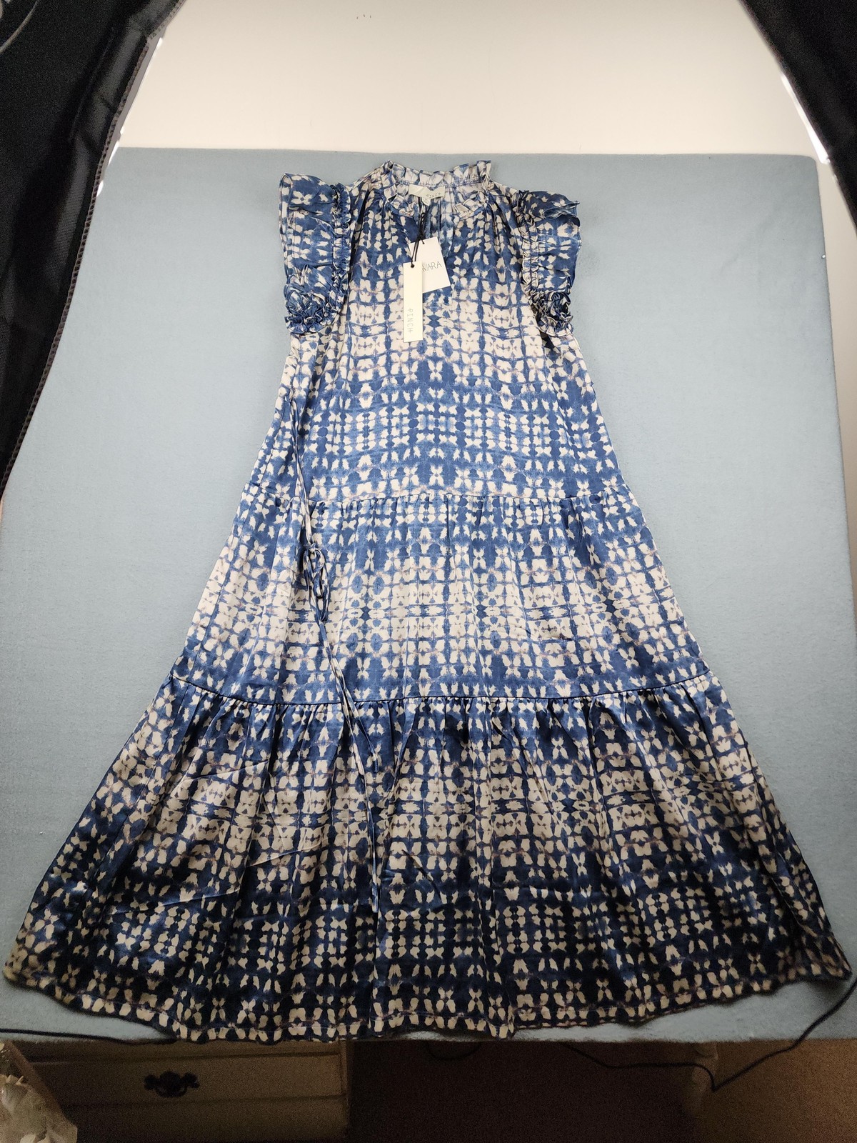 Pinch Aster Dress Womens Medium Blue Tie Dye Ruffle High Neck Midi Boho NWT