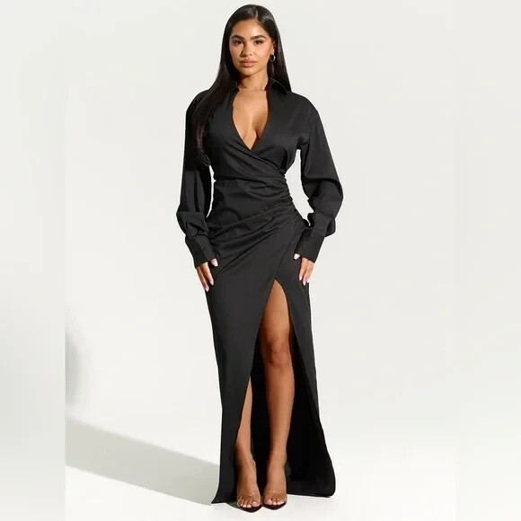 NAKED WARDROBE Black V-Neck Ruched Wrap Shirting Shirt Dress Maxi LARGE = 8/10