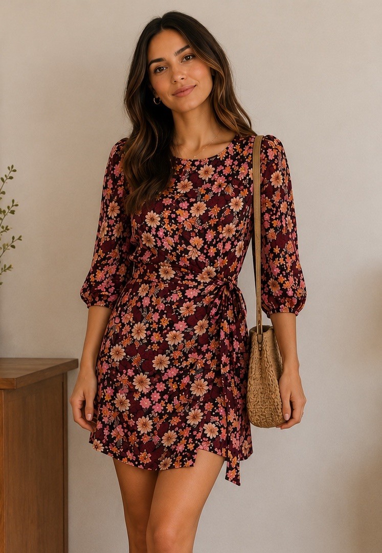 Vici Floral Faux Wrap Mini Dress Burgundy Pink Puff Sleeve Romantic Cottagecore