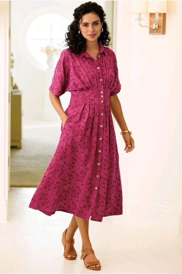 Soft Surroundings Embroidered SS Short Sleeve Tencel Midi Shirtdress Rich Berry