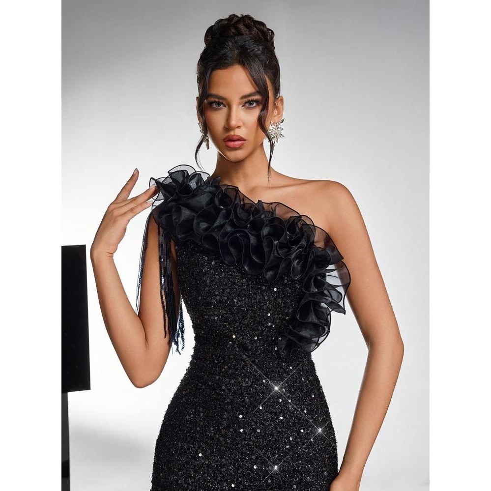 (A3) SHEIN Belle Black Sequin One Shoulder Ruffle Mini Dress Womens Size M NWT