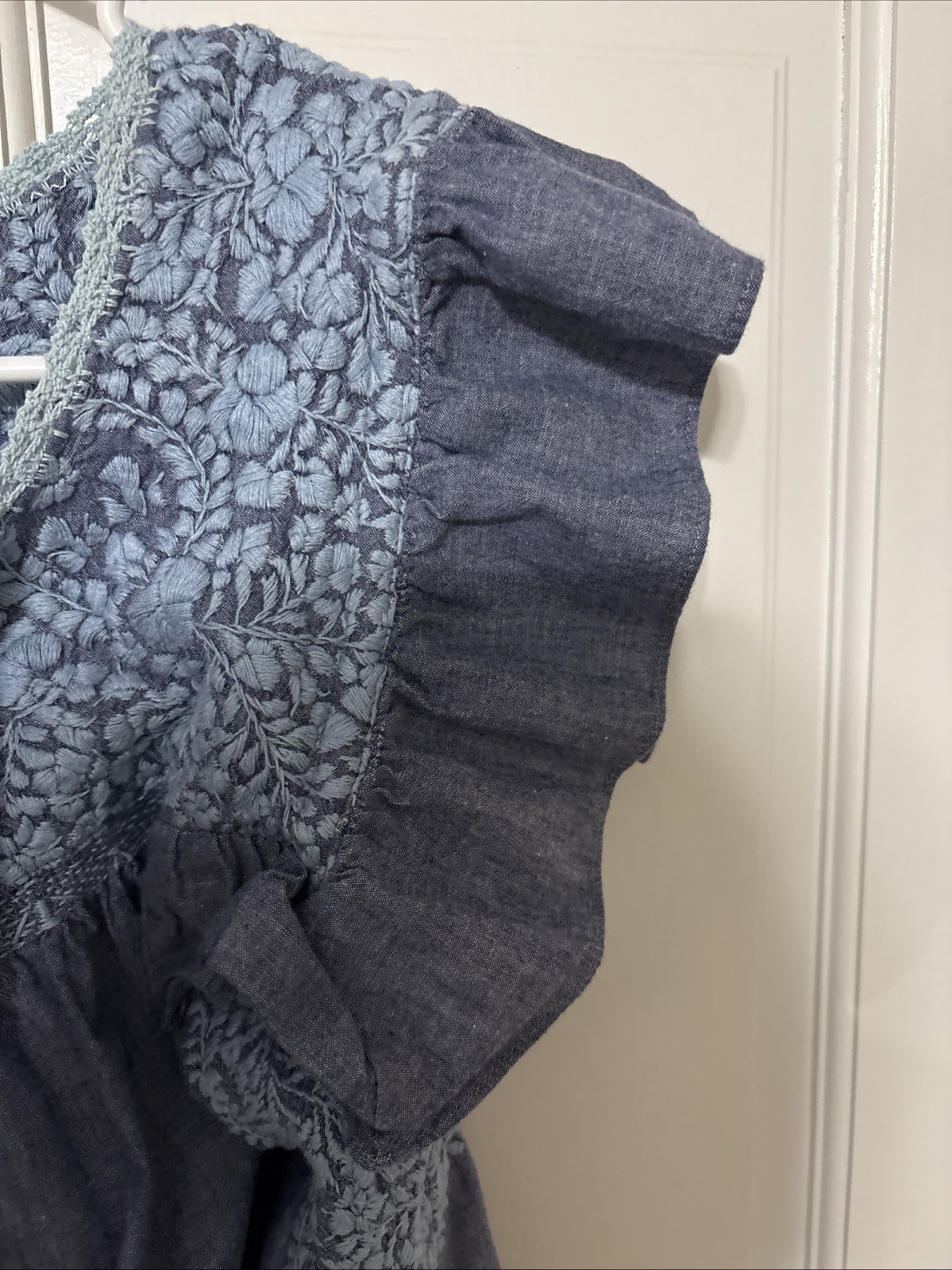 Mi Golondrina Blue Embroidered Chambray Mini Dress Medium SEE Pics