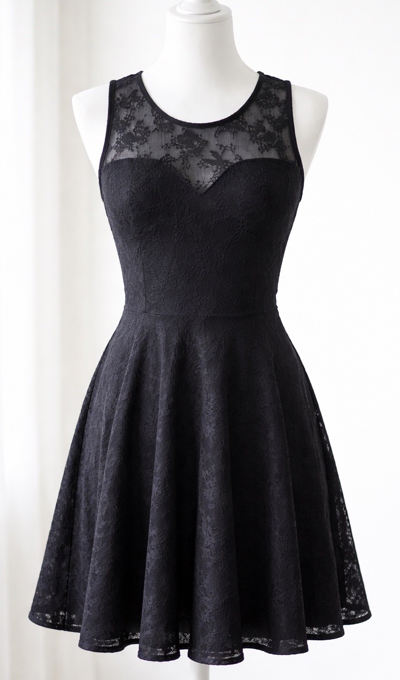 Y2K S Gothic Black Lace Dress Illusion Mesh Fit Flare Dark Romantic Party Club