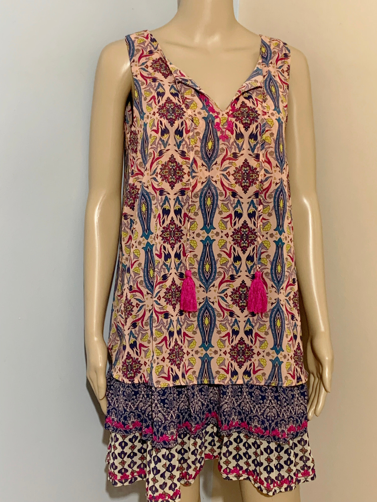 XHILARATION Sz M Pink Navy Blue Tiered Ruffle SLEEVELESS DRESS Lined Tassel Ties