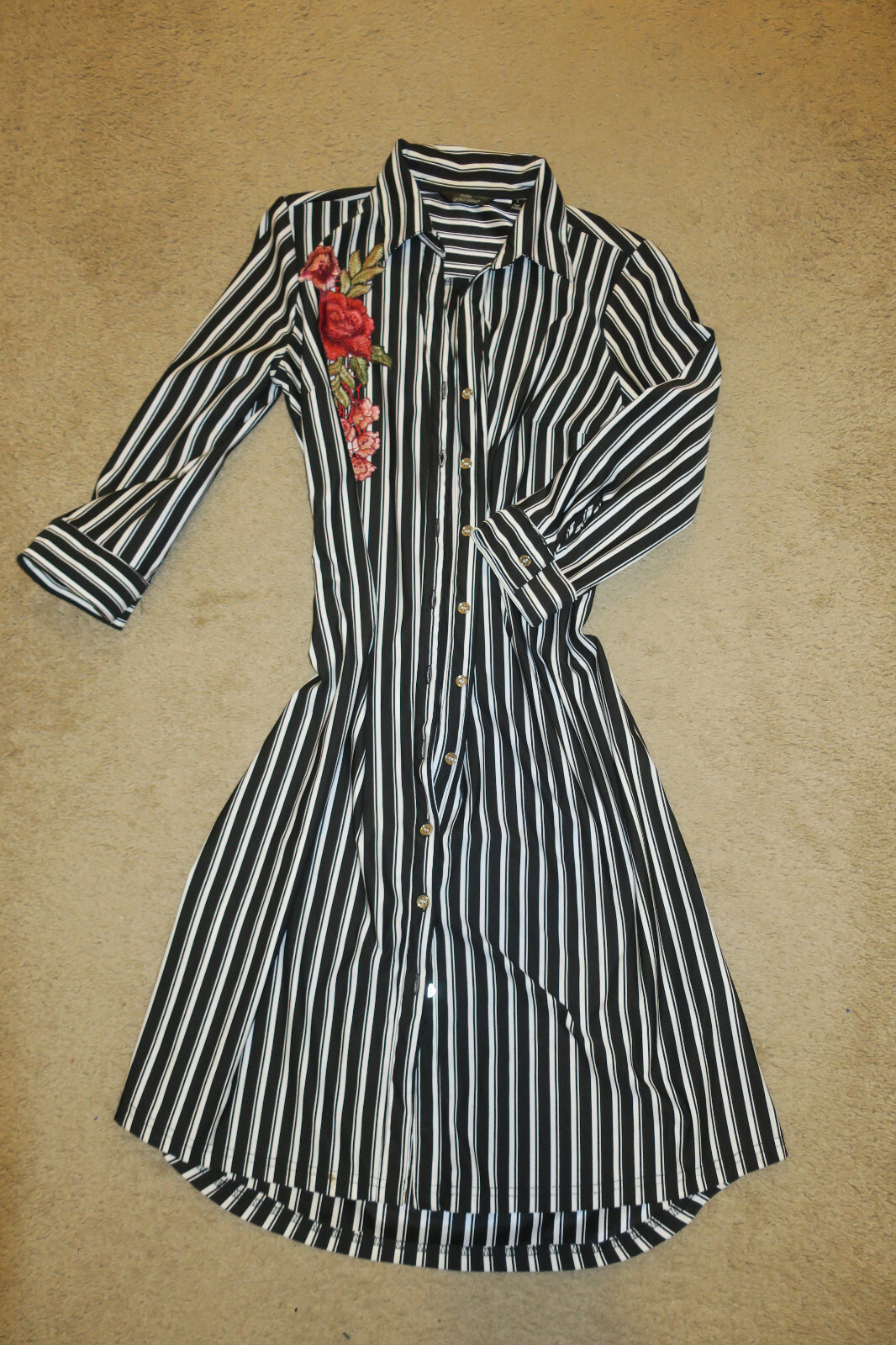 S 6❤️ MILE GABRIELLE ❤️ MIDI 35″ Length SHIRT Dress Fancy STRIPED Sleeve NO BELT
