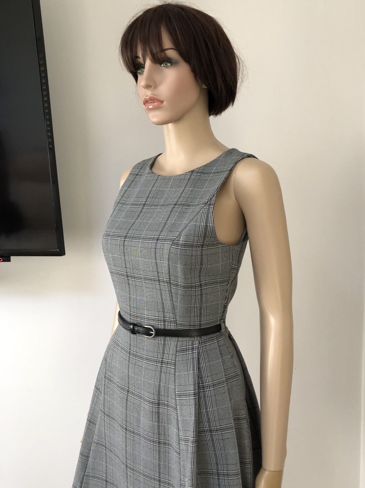 LOVE LABEL Light Grey Tartan Sleeveless Belted Skater City Dress S/M 6-8