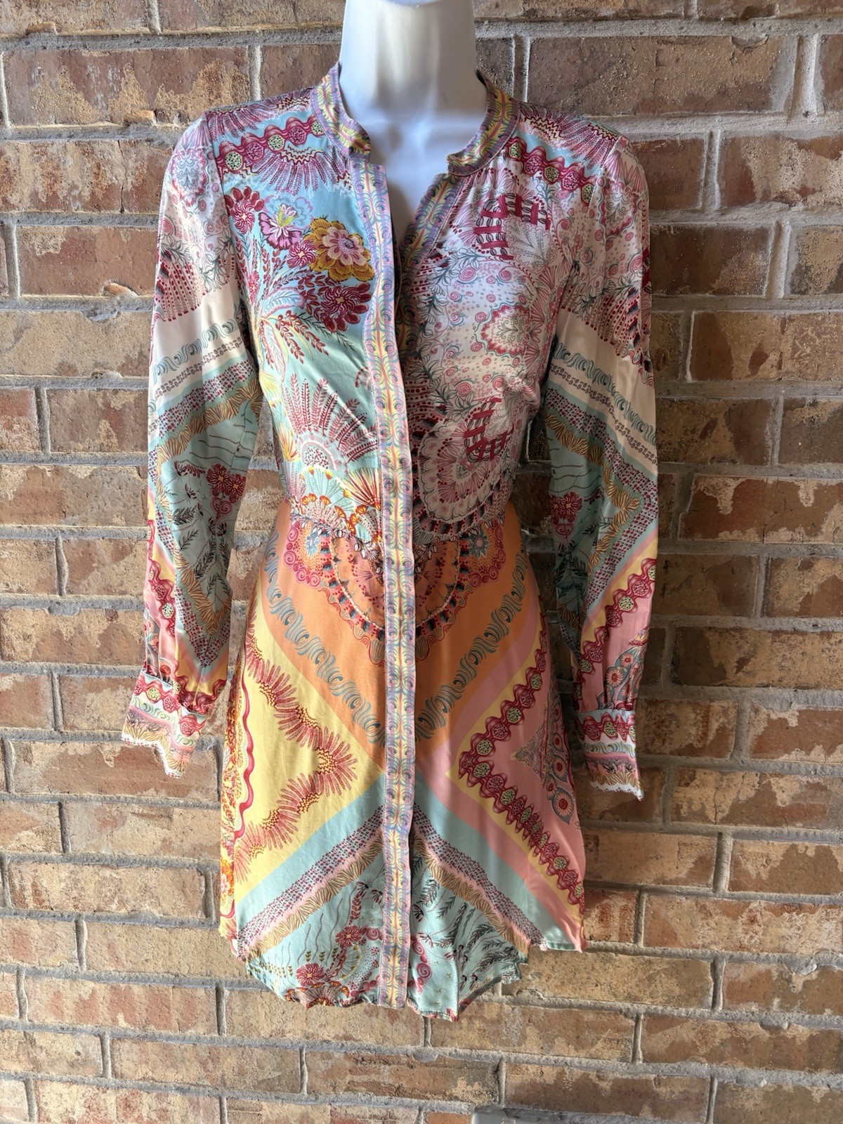 Hale Bob Paisley Multicolor Collared Button-Front Silk Dress XS LS
