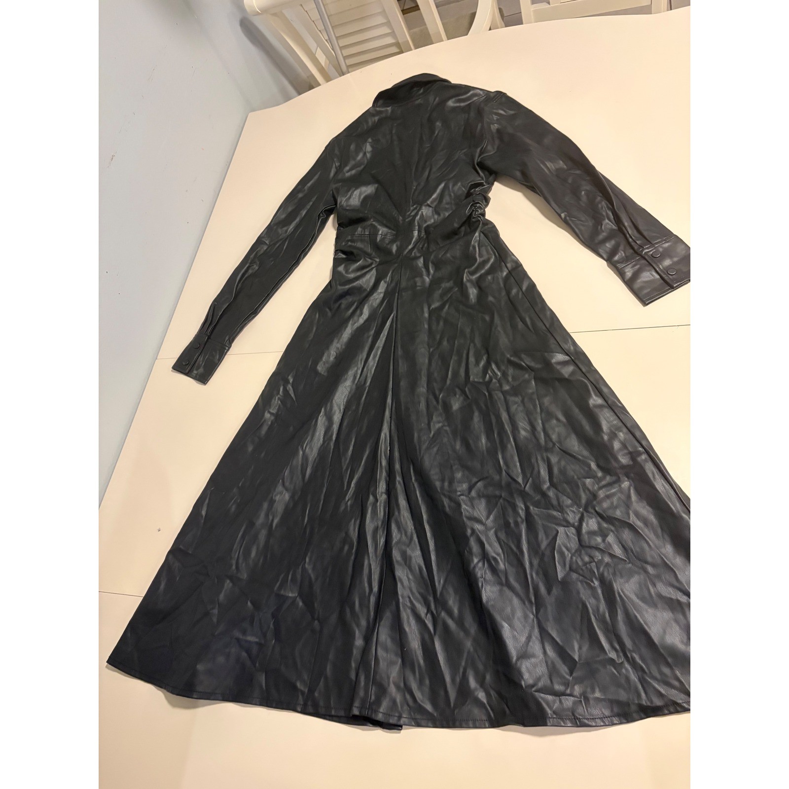 Zara Black Faux Leather Midi Dress Long Sleeve Snap Front Ruched Waist XS