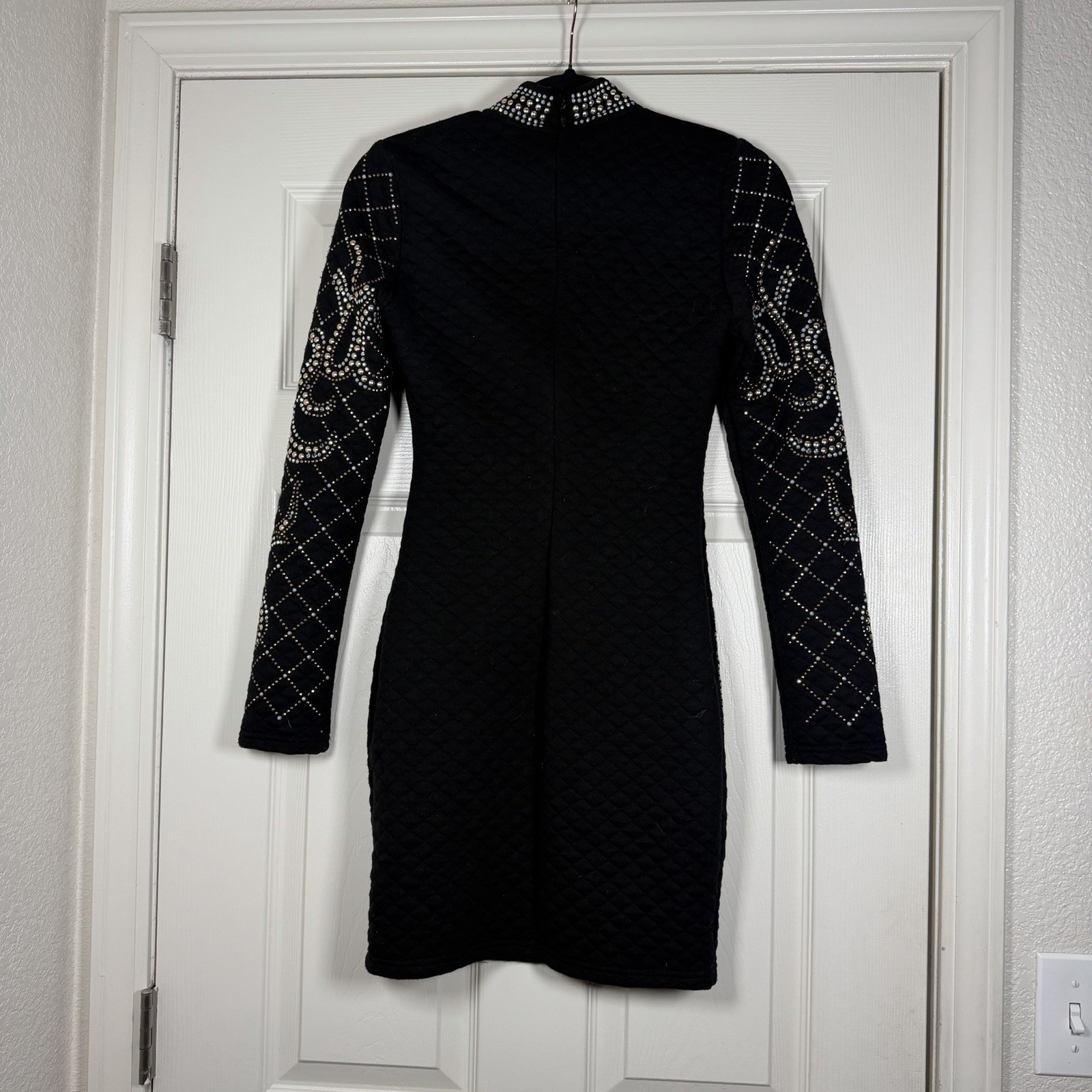 Xtaren Rhinestone Grommet Long Sleeve Quilted Celebrity Mock Neck Mini Dress Sm