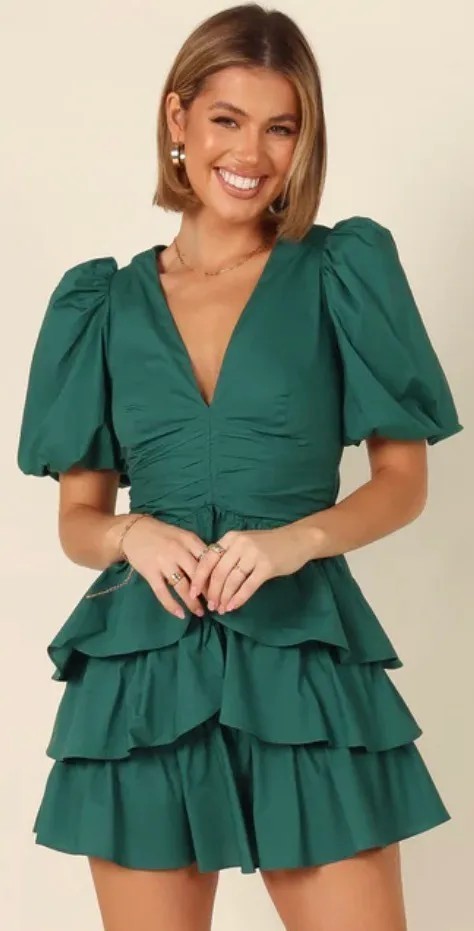 New Petal and Pup Womens Solace Dress Green puff Sleeve XL Tiered ruffles Party