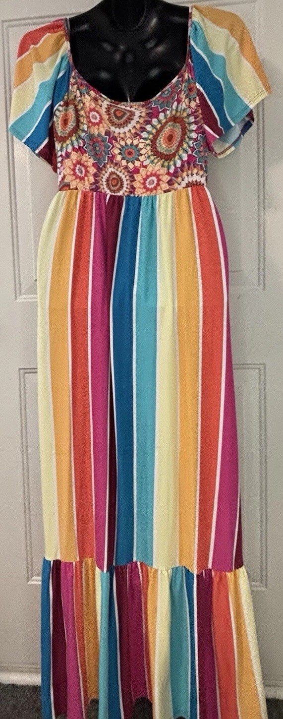 Haptics Holly Harper Maxi Dress L Rainbow Stripe Boho Floral Flutter Sleeve