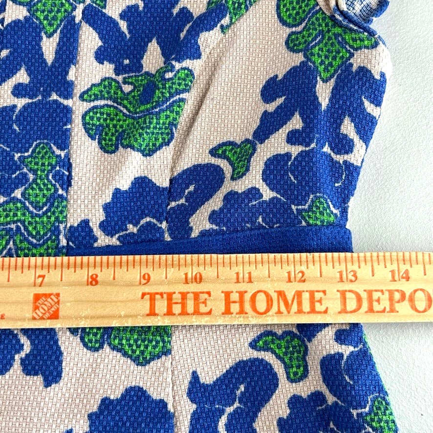 Boden Blue and Tan Tapestry Notch Neck Zip Back Sheath Dress Sz 4P 50’s Inspired