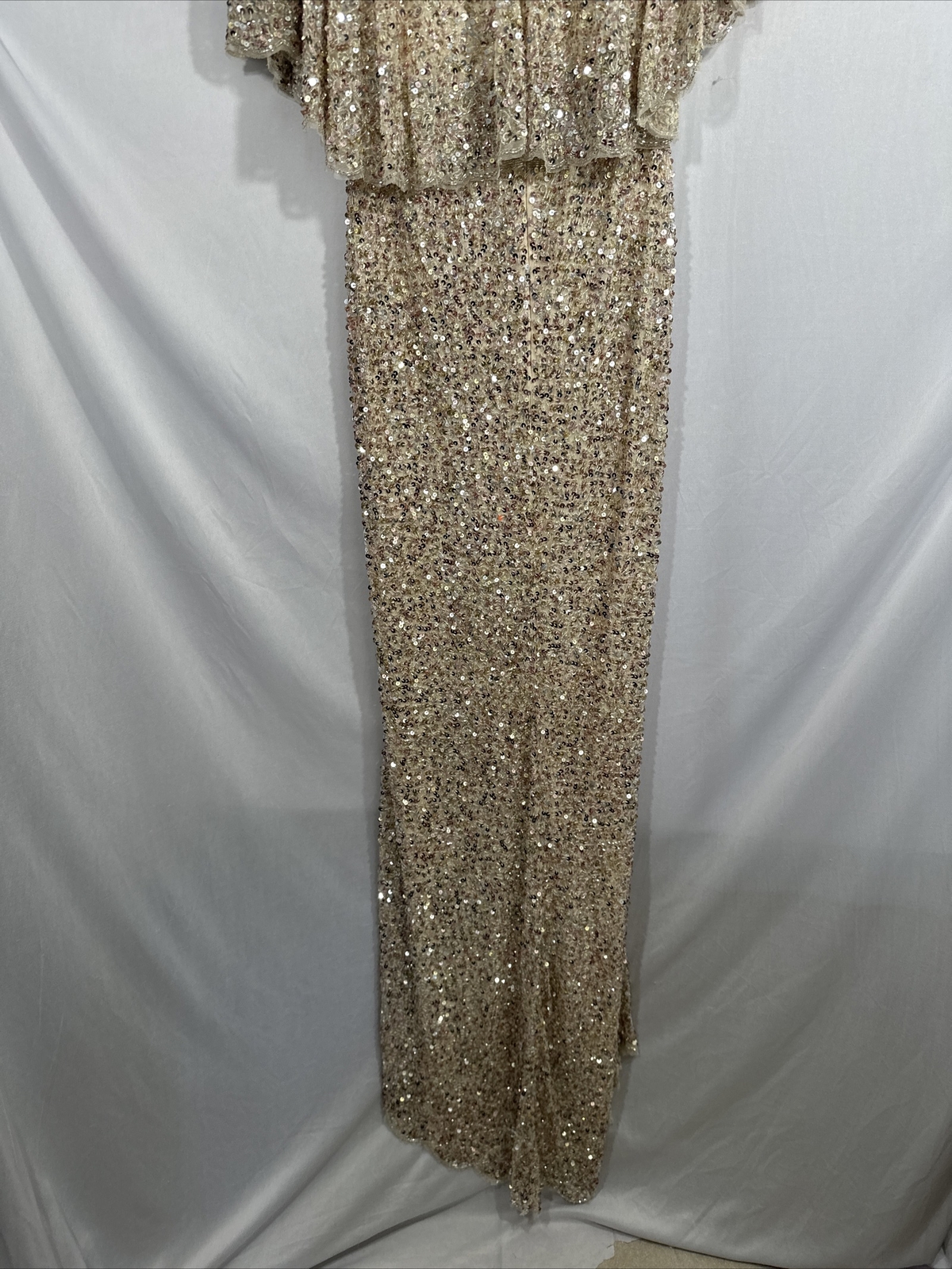 NEW $698 Mac Duggal [ 10 ] Sequined V Neck Cape Sleeve Beaded Gown Nude #Q704