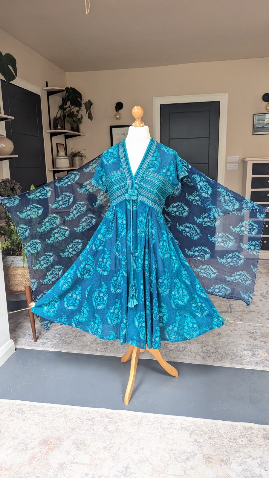 East Artisan Anokhi Blue Green Cotton Dress 10 Indian Block Print Tassel bead