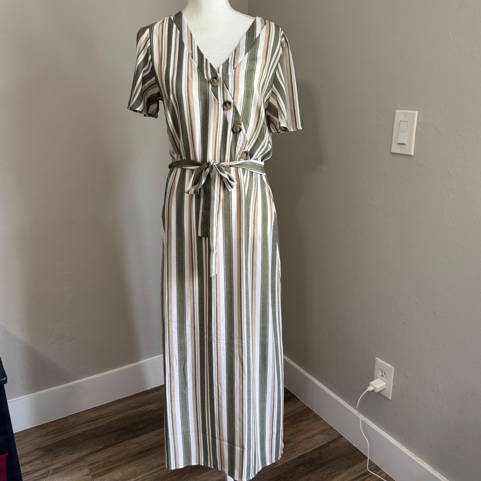 Naif Olive Green Striped Button Accent Maxi Dress Short Sleeve Belted Medium