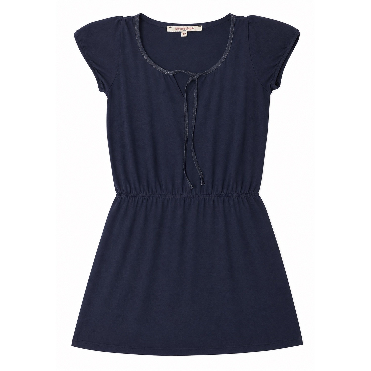 La Fee Maraboutee Silk Navy Blue Mini Dress Elastic Waist Metallic Trim Size 40