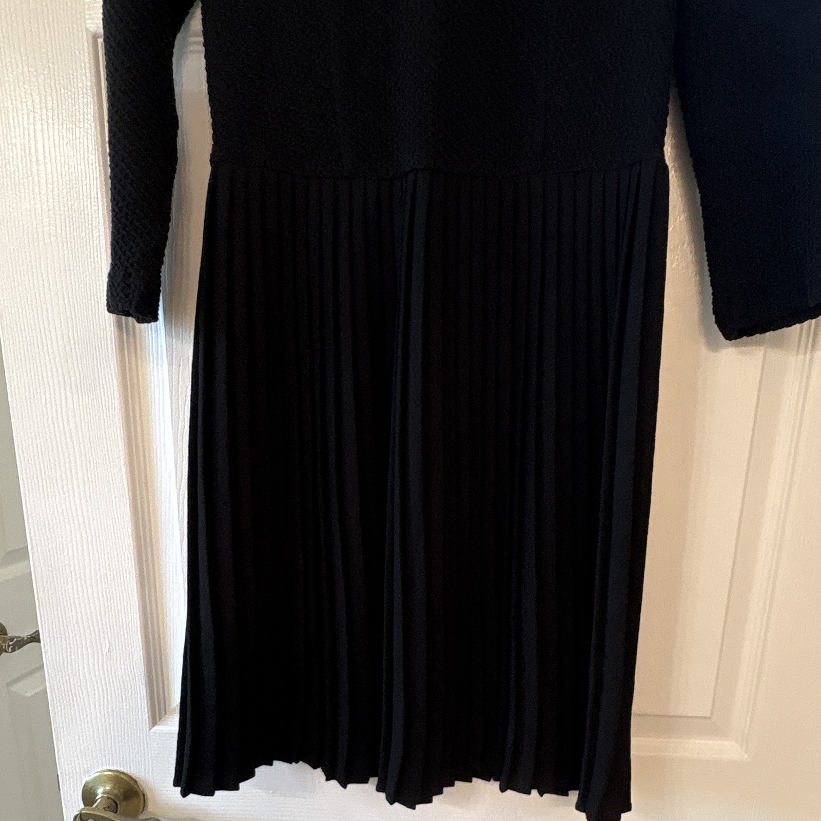 Ganni Womens Size S Black Solid V-Neck 3/4 Sleeve Pleated A-Line Zip Dress