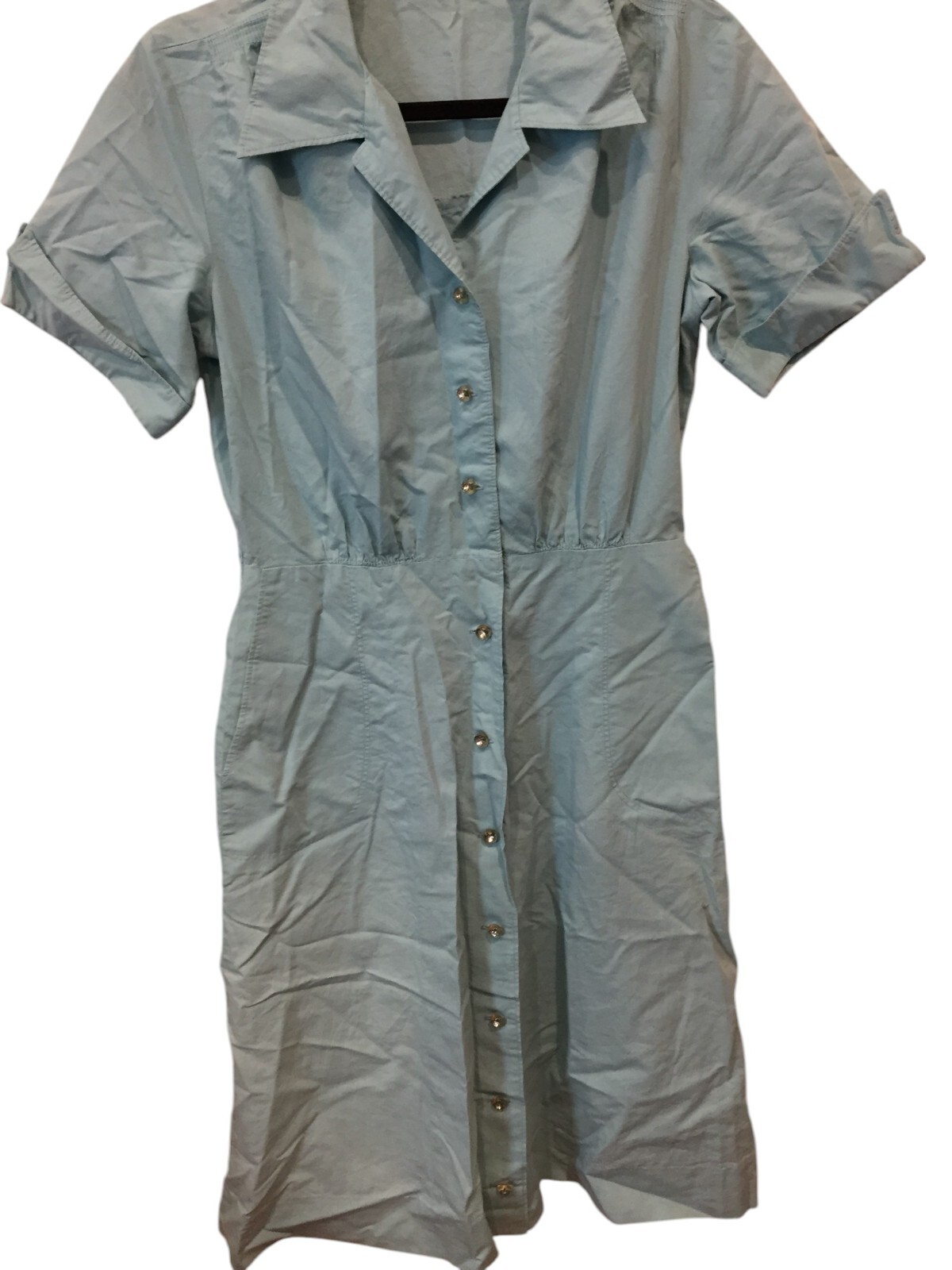Dress Womens Blue Chambray Point Collar Rhinestones Button Summer City Work
