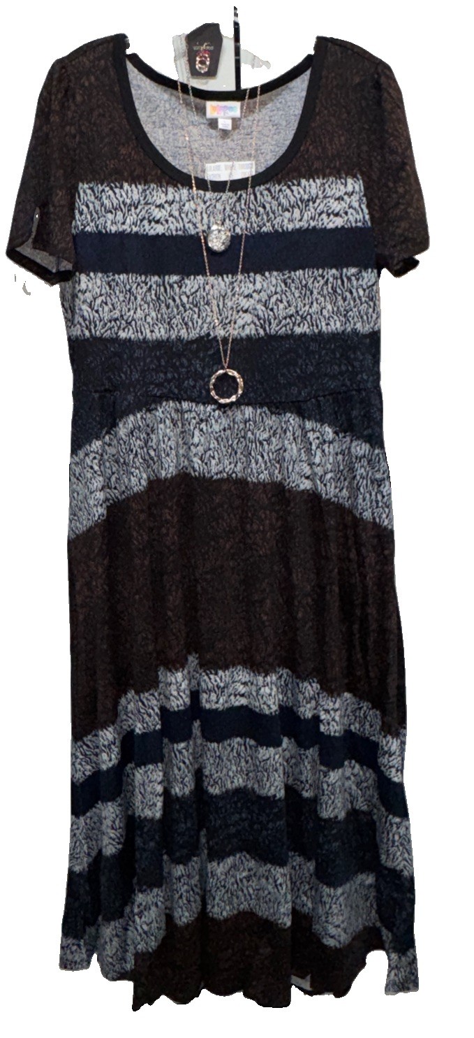 NWT LuLaRoe Large Blue Brown White Black Striped Knit Empire Waist Riley Dress