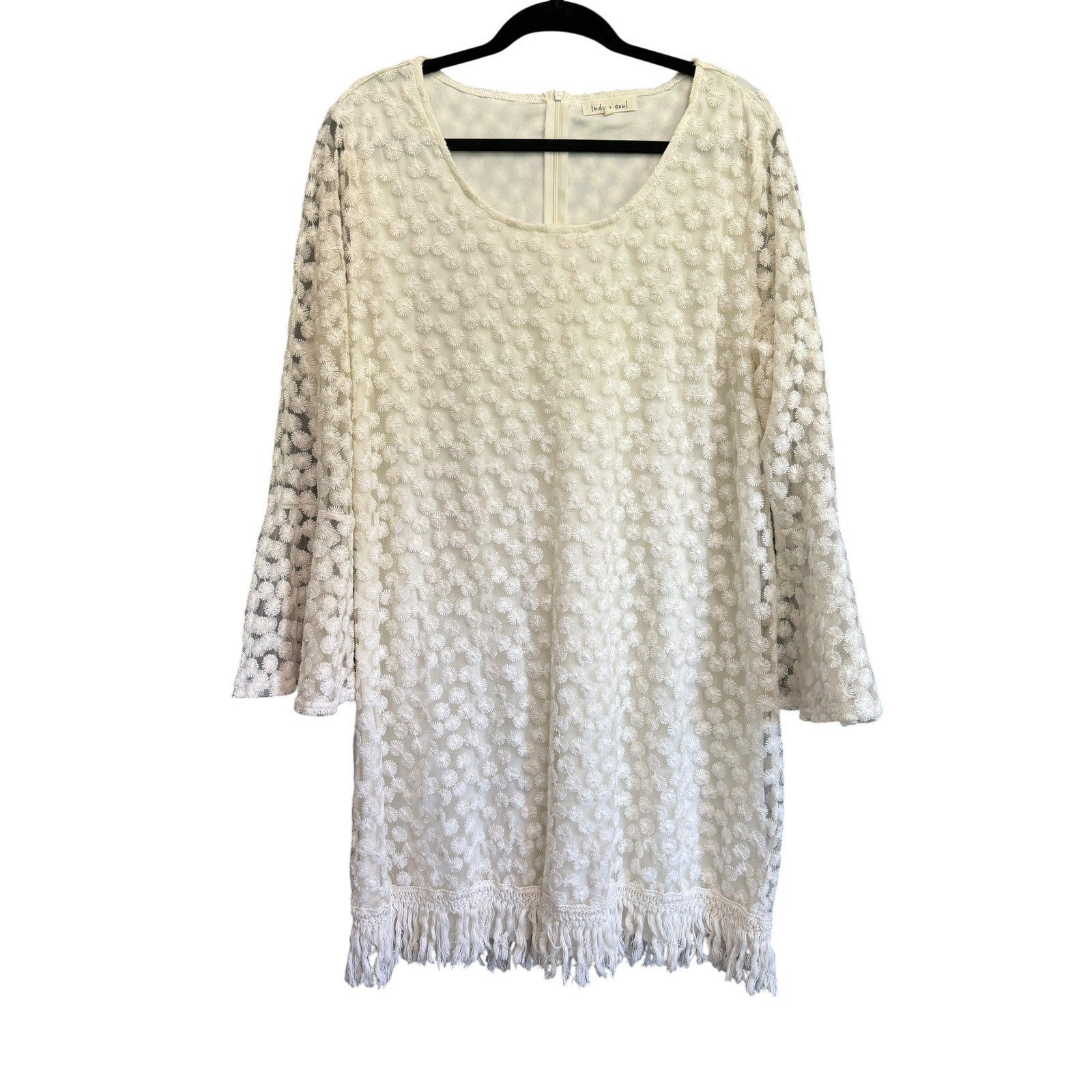Indigo Soul White Floral Embroidered Mesh Bell Sleeve Fringe Shift Dress XL