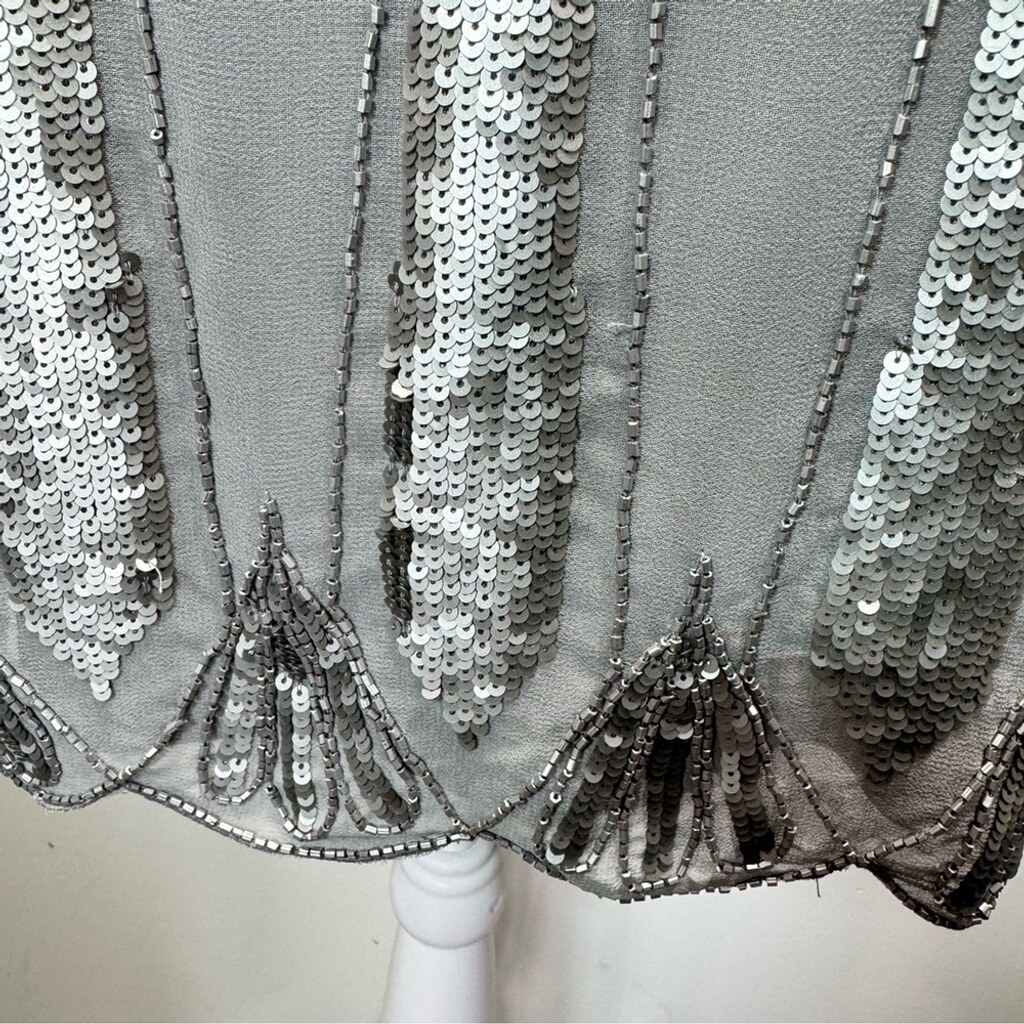 Cocktail Party Dress Silver Beaded Sequined Short Sleeve V Neck By Lace & Beads