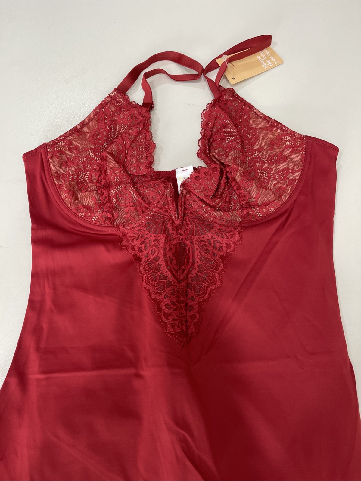 Popilush Shapewear Lace V Neck Side Slit Slimming Maxi Slip Dress Red M