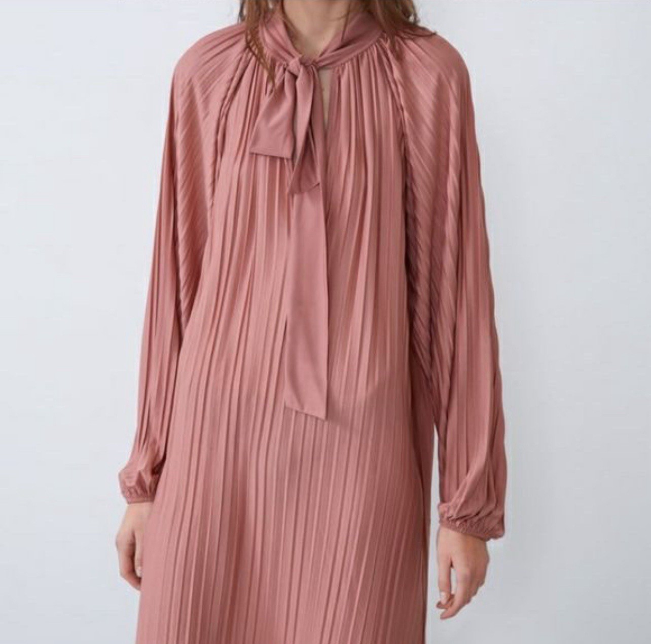 ZARA PLEATED LONG SLEEVE DRESS PINK PEACH w/ BOW SIZE Medium NEW