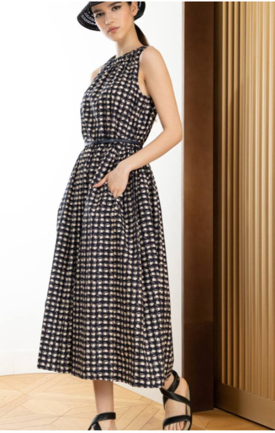 MaxMara Navy/Cream Gina Fit & Flare Geo Pattern Poplin Dress Size US 6