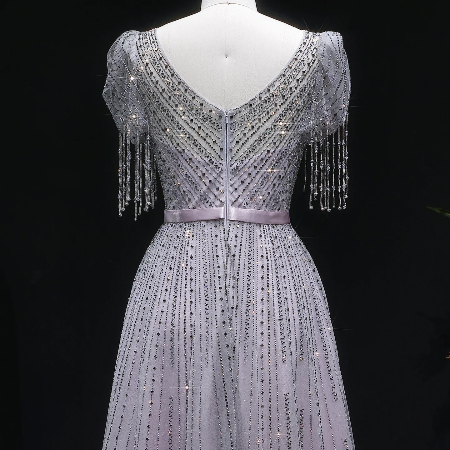 Luxury Beaded Evening Dress with Bubble Sleeves A-line Dubai Prom Lace Ball Gown