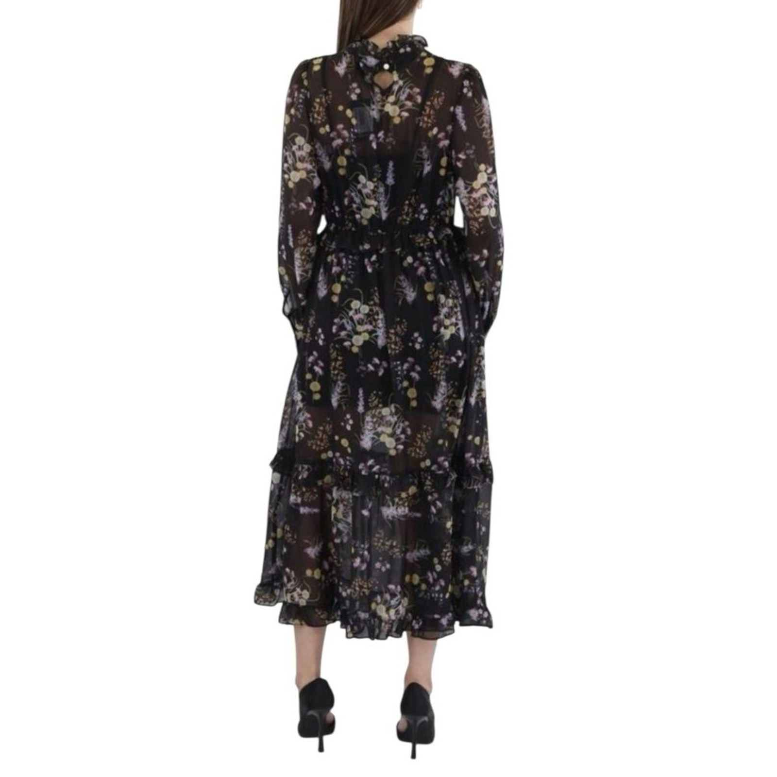 N by Nancy Black Floral Tiered Long Sleeve Ruffled Midi Dress Medium