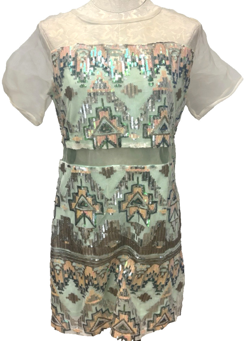 Rare London Aztec Print Sequin Organza Panel Shift Dress Mesh New Women’s 12