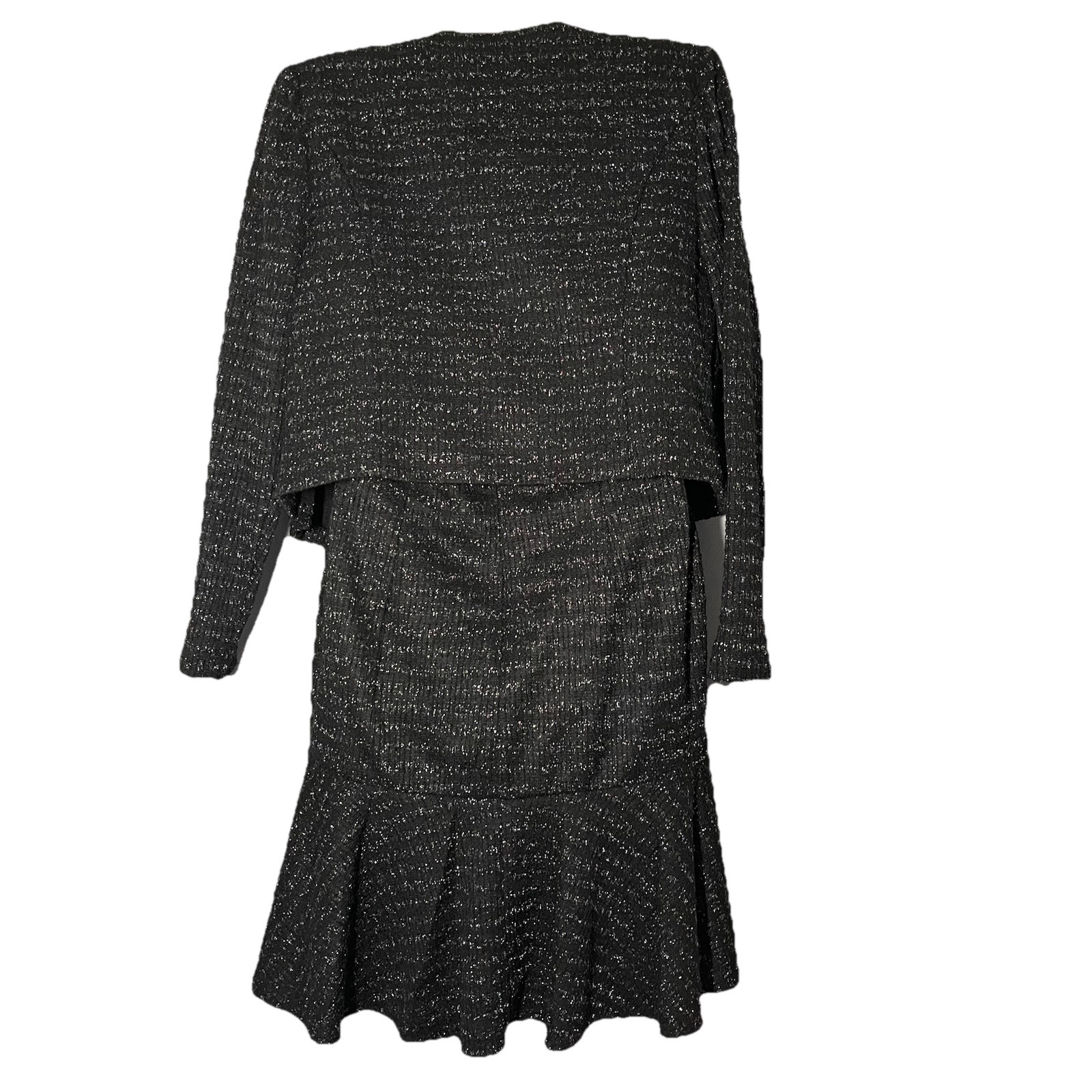 Taylor 2Pc Jacket/Shift Dress Set Size 6 Black Metallic Tweed Flounce Hem Money