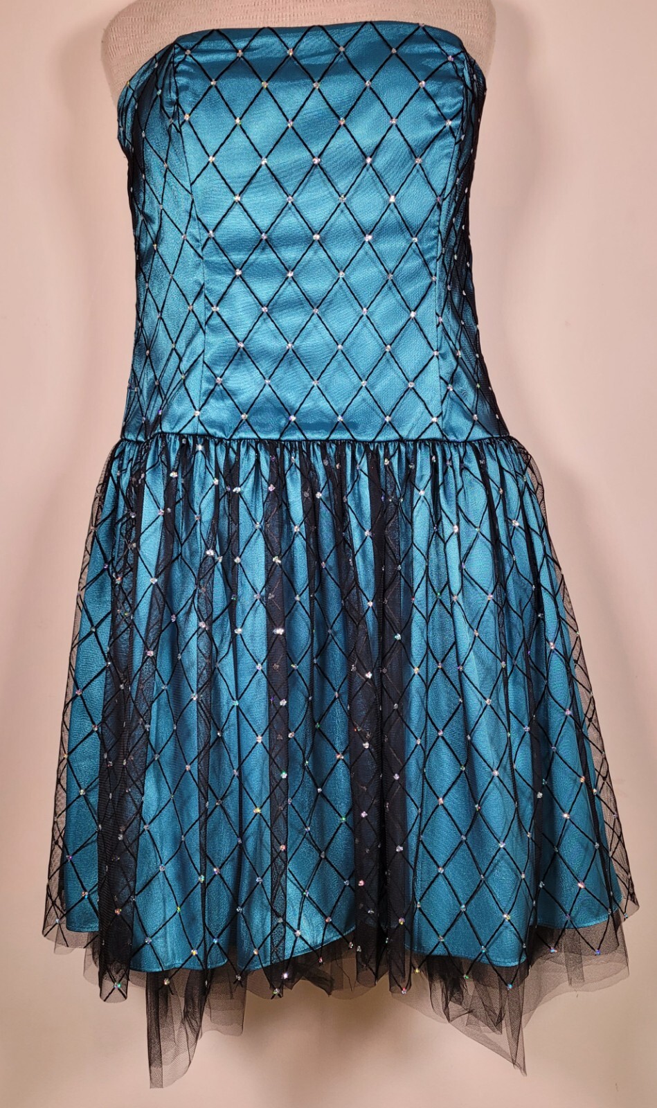 Strapless Dress Teal with Black Overlay and Rhinestones Waist Measures 38 Inches