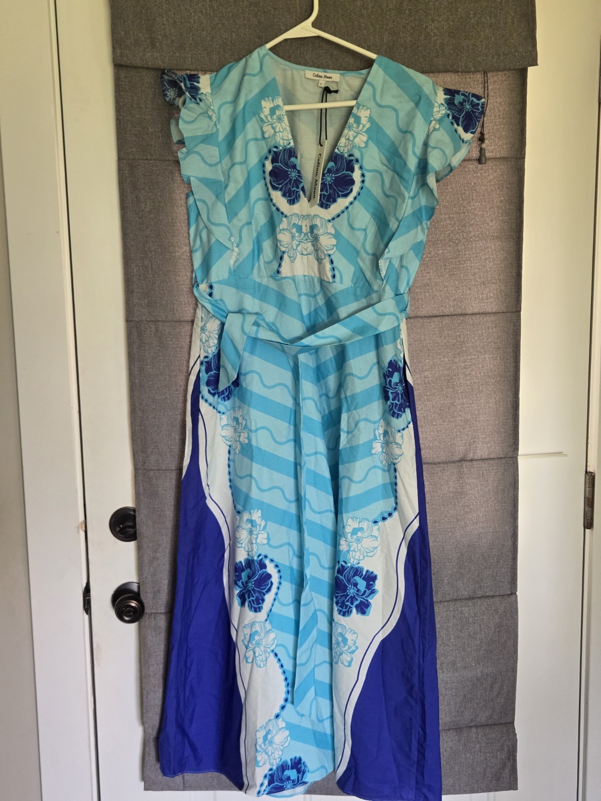 Celina Moon Midi Blue Hawaiian Flower Dress Sz Large Resortwear Travel