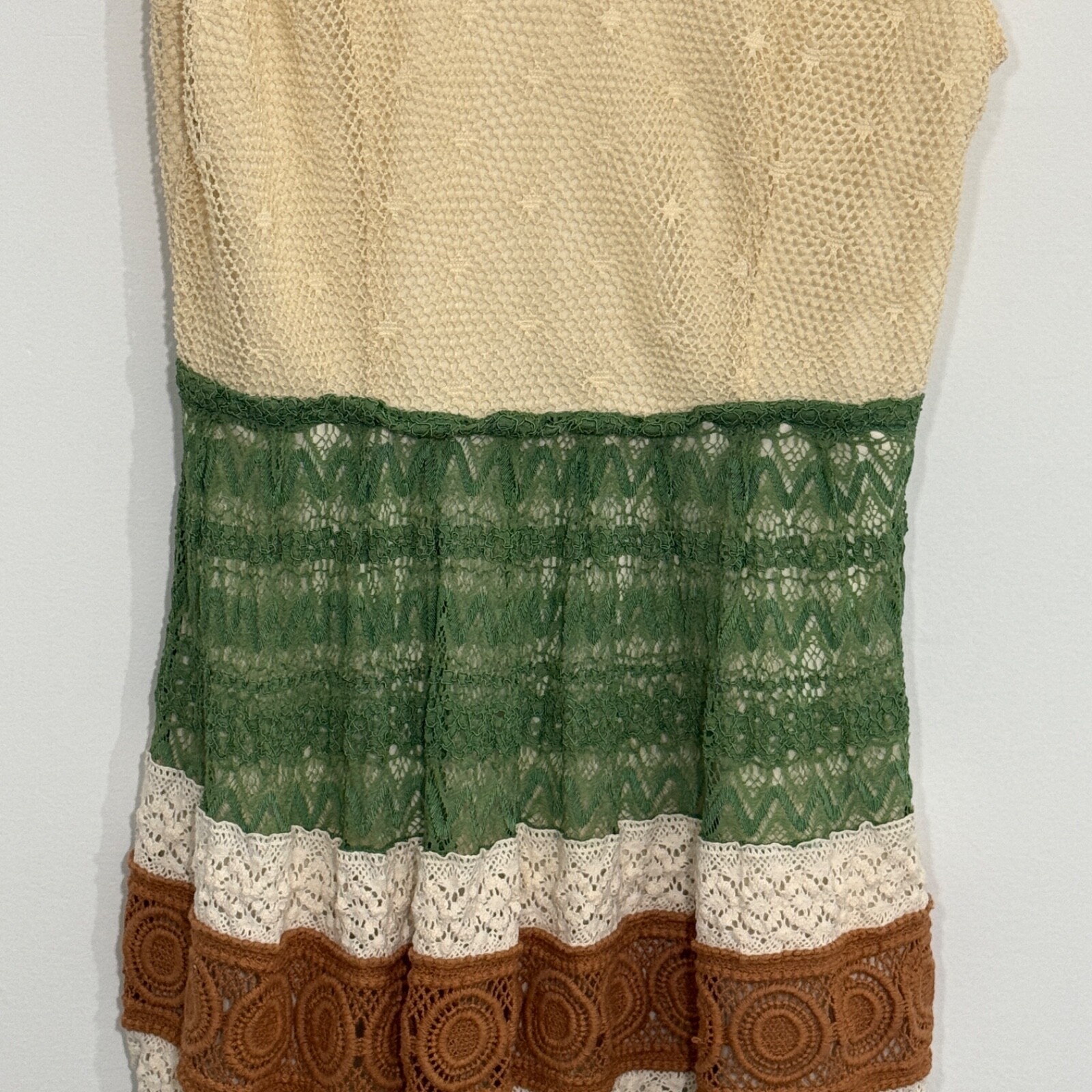 Ryu Womens Dress Small Cream Green Stripe Crochet Boho Hippie Festival Fairy