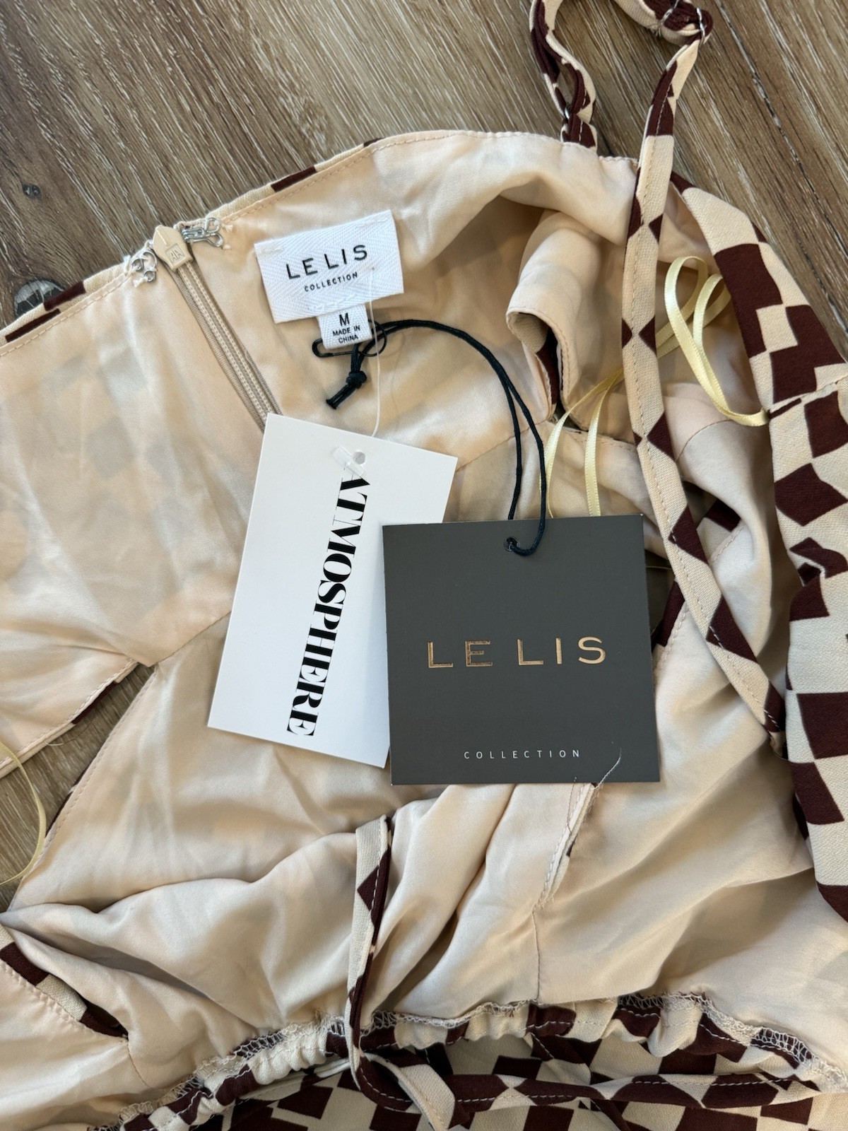 Le Lis NWT Brown And Beige Check Mini Dress With Cutouts Size Medium