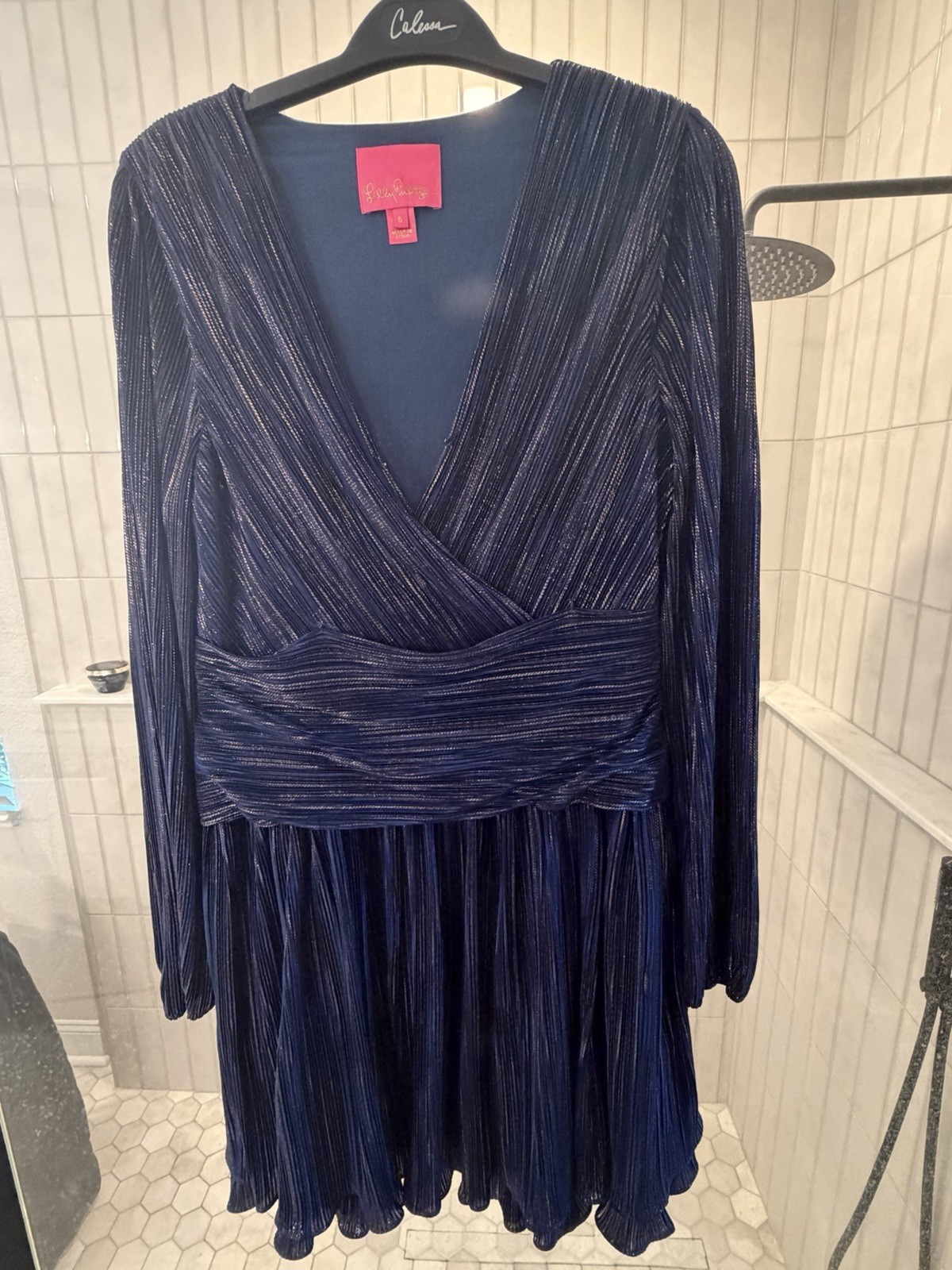 Lilly Pulitzer Navy Metallic Pleated V-Neck Balloon Sleeve Mini Dress 6