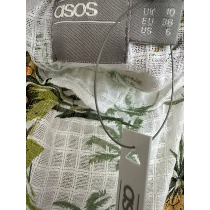 NWT ASOS tropical hibiscus and pineapple white cotton tie-strap sundress