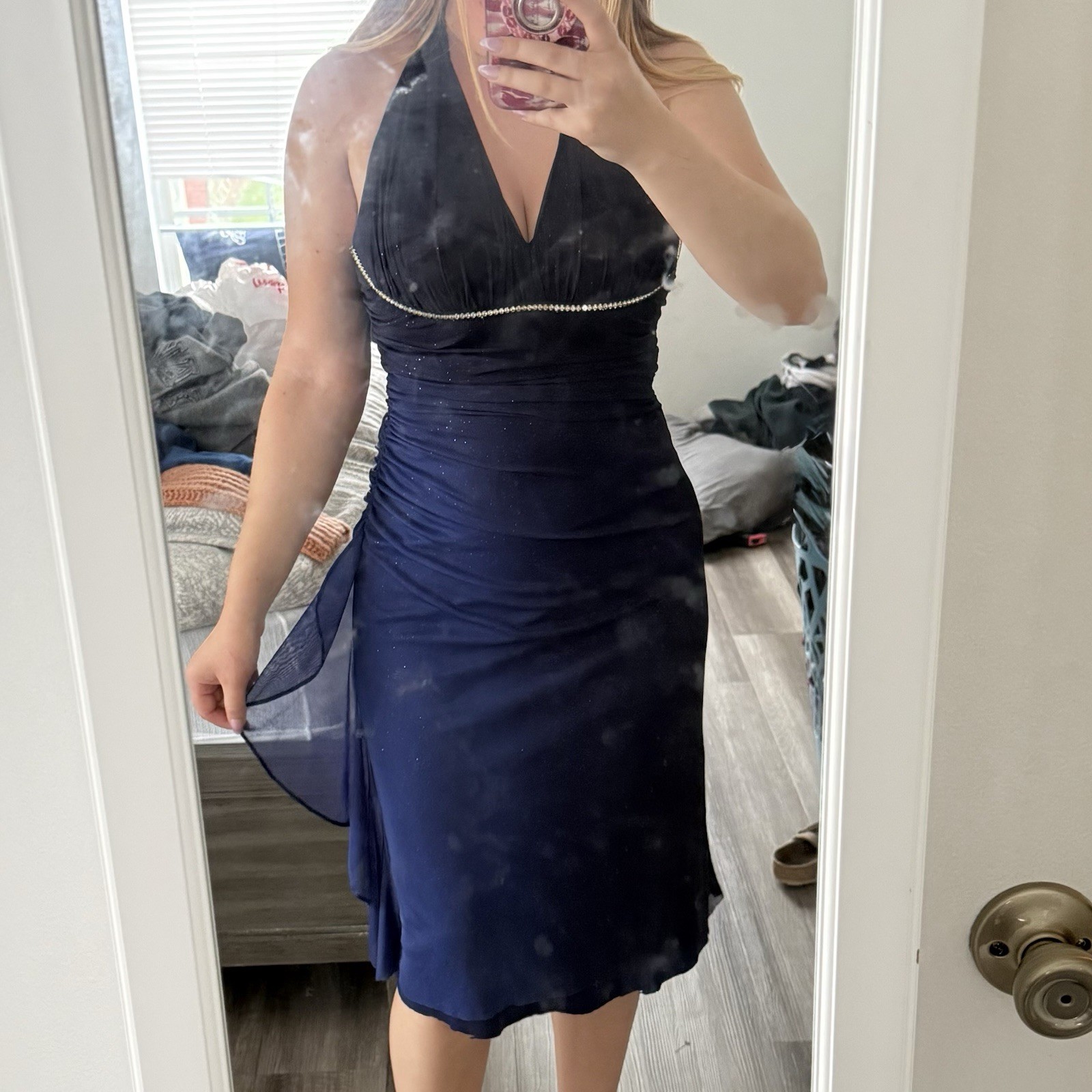 BETSY & ADAM Linda Bernell Blue Halter Ruched Beaded Chiffon Sheath Dress 4