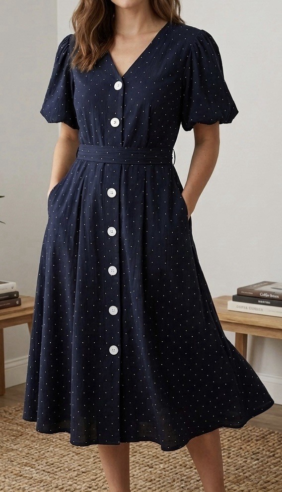 Tommy Hilfiger Pindot Midi Shirtdress Navy Blue Size 10 Flutter Sleeve A1AN2941